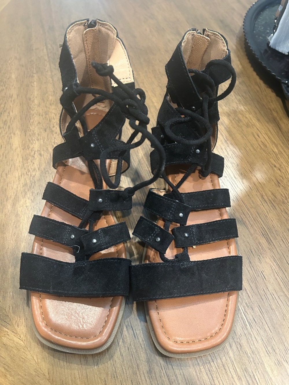 Crown Vintage Black Suede Lace-Up Strappy Gladiator Sandals